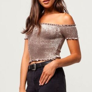 White Fawn beige stone velvet smocked stretchy off shoulder crop top M